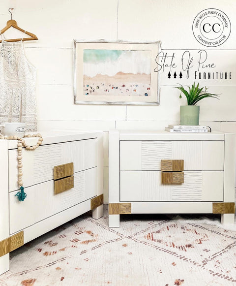 Sand Castle Silk All-In-One paint is perfect for painting kitchen cabinets, bathroom cabinets and painting furniture! 2 boho style end tables that are painted in sand castle and has wicker style hardware and feet.