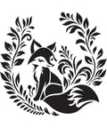 A black and white artistic illustration features a stylized fox sitting contentedly with its tail wrapped around its body. The fox is surrounded by ornate, swirling floral patterns that frame the image in a circular design.