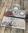 Moon Beam Terra Clay Paint provides endless possibilities for your imagination and can be used on wood, canvas, tile, fabric and more! Cream Terra Clay painted tiles with rub on transfers and stencils painted on. Staged with tea light candles.