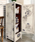 Moon Beam Terra Clay Paint provides endless possibilities for your imagination and can be used on wood, canvas, tile, fabric and more! Tall cabinet painted with a cream white Terra Clay paint Moon Beam, rub on transfers and painted on scroll style stencil. Staged with terra paint and baskets.
