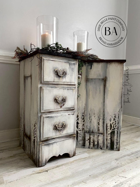 Onyx Terra Clay Paint provides endless possibilities for your imagination and can be used on wood, canvas, tile, fabric and more! End tables distressed and Painted cream and black with terra Paint and trees painted on the side. Staged with wreath and candles.
