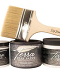 Terra Clay Paint Bundle 
Image shows, from Left to Right; an 8 ounce Terra clean, Terra Clay Paint 16 ounce in Prairie Dawn, Terra seal in a 16 ounces with a Big Daddy Brush on top of the Terra paint and the Terra seal horizontally on a white background.