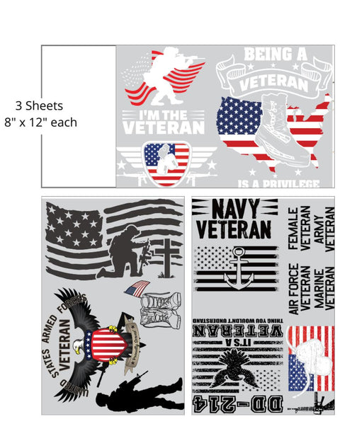 Image of Thank You for Your Service Transfer. A collage of patriotic graphics honoring United States military veterans, featuring symbols such as the American flag, eagles, silhouettes of soldiers, and dog tags, along with text celebrating Army, Navy, Air Force, and Marine veterans. "3 Sheets- 8 in. x 12 in. each"