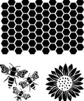 Belles and Whistles The Bee's Knees - Stencil provides an extra decorative touch to any project! A digital image of The Bee's Knees stencil. A large honeycomb pattern, 3 bees of different sizes, and a large sunflower.