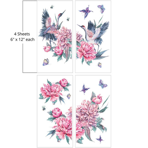 Image of Versailles Garden Transfer. Has Dancing Cranes, Pink Peonies with Green leaves around the flower, and Butterflies. "4 Sheets - 6 in. x 12 in. each"