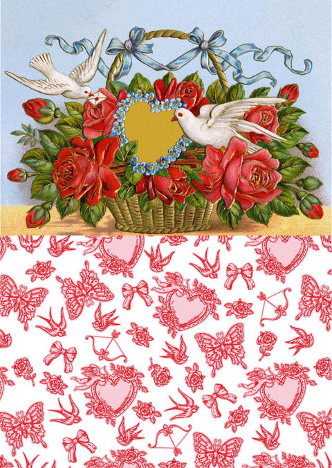 A decorative illustration features two white doves and red roses in a basket, with a heart-shaped mirror at the center. Below is a red and pink pattern of hearts, butterflies, and bows on a white background.
