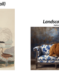 Two decoupage paper previews on a white background: on the left, a tall portrait print titled 'Portrait (tall)' showing a white crane with birds; on the right, a wide landscape print titled 'Landscape (wide)' showing a brown highland cow resting on a blue-and-white patterned sofa against a dark blue background.