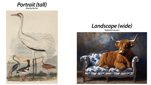 Two decoupage paper previews on a white background: on the left, a tall portrait print titled 'Portrait (tall)' showing a white crane with birds; on the right, a wide landscape print titled 'Landscape (wide)' showing a brown highland cow resting on a blue-and-white patterned sofa against a dark blue background.