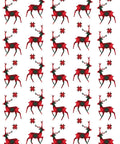 Three Christmas-themed fabric patterns: in the middle, a white fabric with red reindeers and snowflakes.