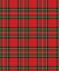 Three Christmas-themed fabric patterns: on the left, a red tartan plaid with green and gold lines.