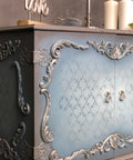WoodUBend Applique #1723 (set of 2) is the perfect mouldable embellishment for any project!
A bar cabinet with woodwork around the front of the doors as well as the side of the cabinet you can see 2 Applique #1723 facing opposite of each other and going down the front of the cabinet doors.